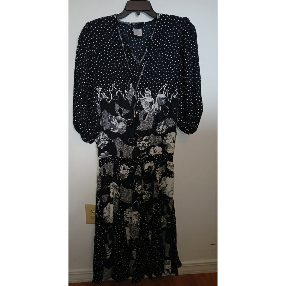 Diane Freis Black White Dropped Waist 1980's Midi Dress Boho Gored Skirt Large
